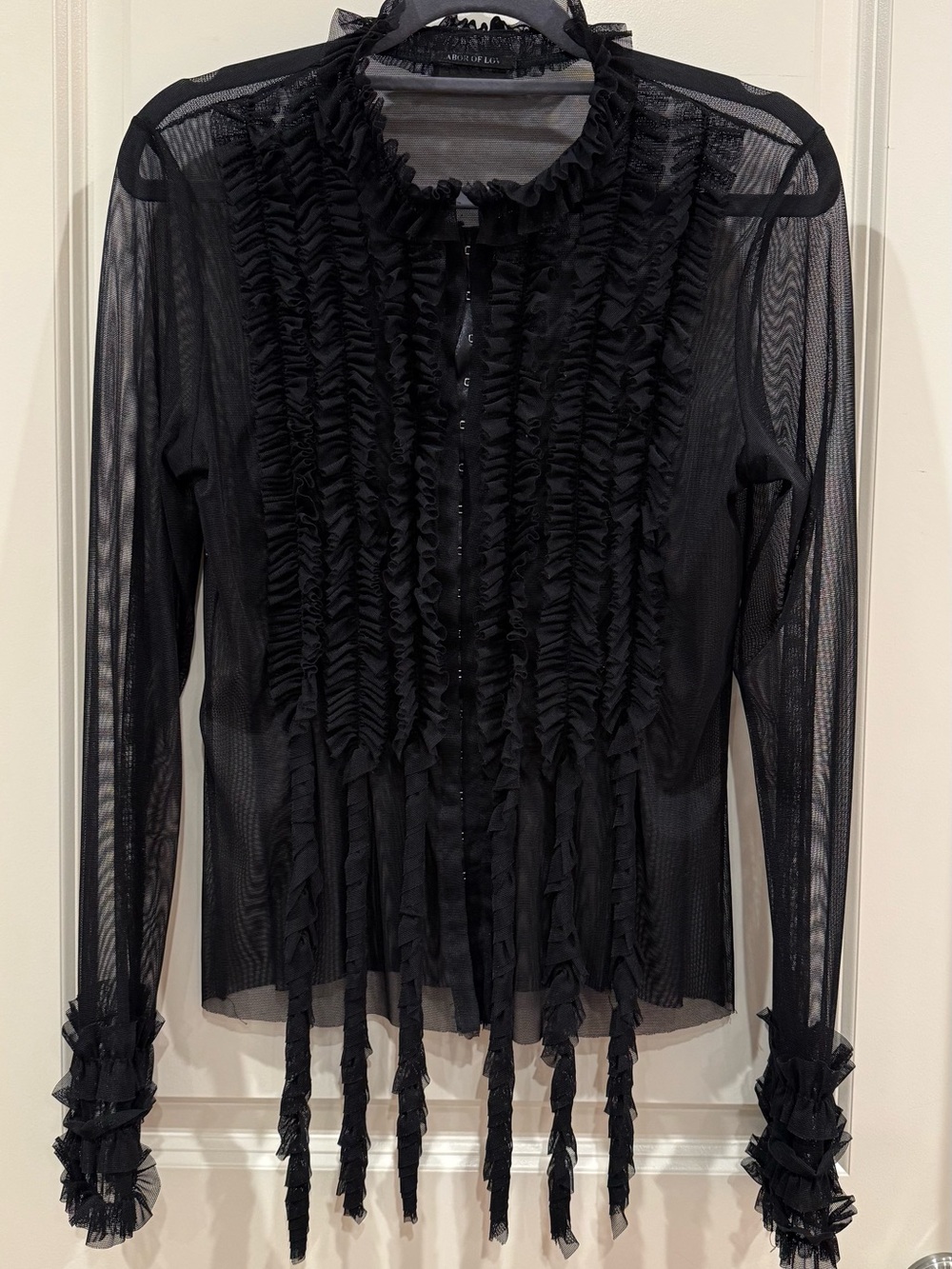Black Ruffled Sheer Long-Sleeve Blouse